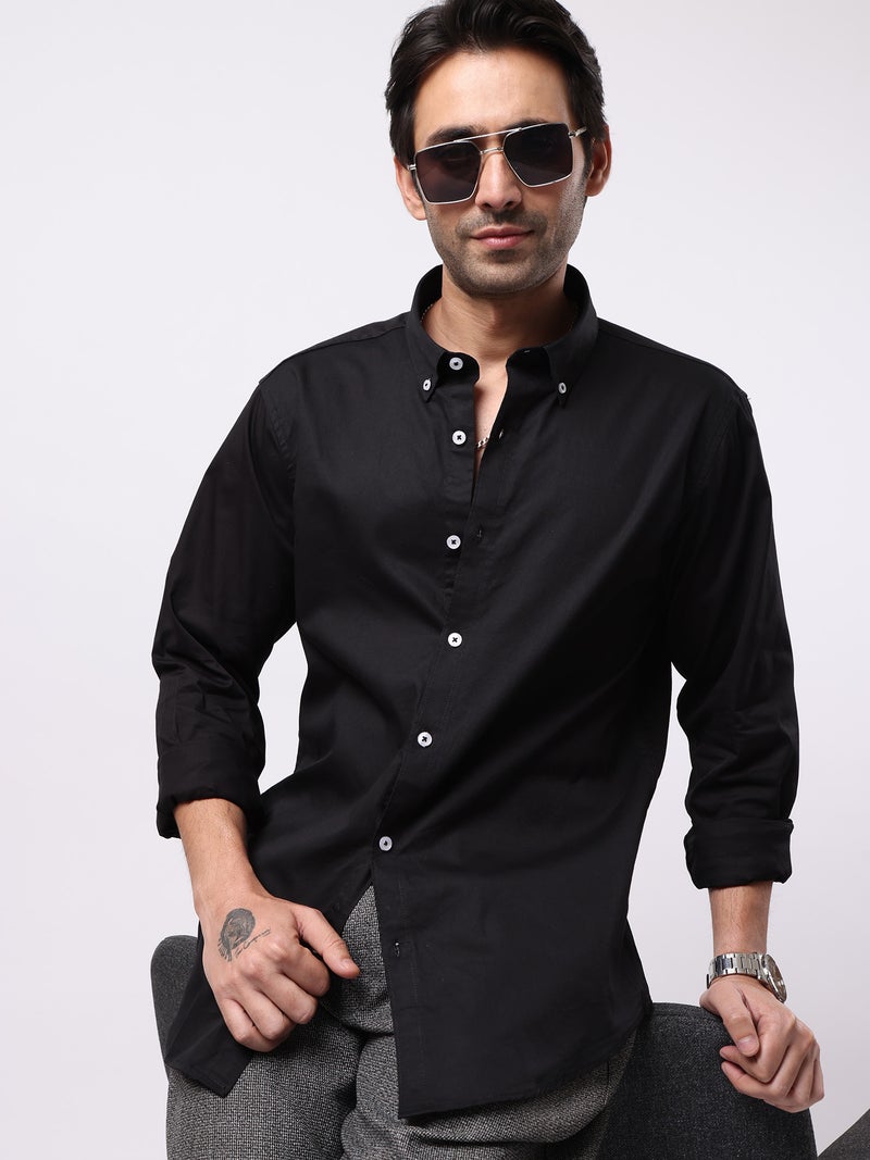 Maniac Mens Solid Collared Neck Full Sleeve Soft Twill Fabric Black Shirt - Image 3